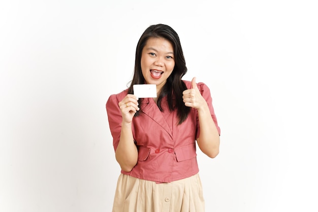 Holding and Showing Blank Credit Card Of Beautiful Asian Woman Isolated On White Background