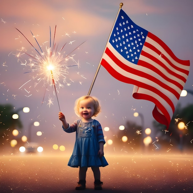 Holding a sparkler in front of an American Flag to celebrate the 4th of July Independence Day