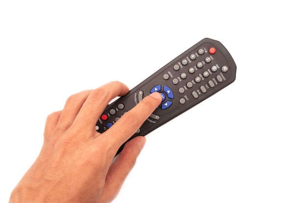 holding tv remote isolated on a white background