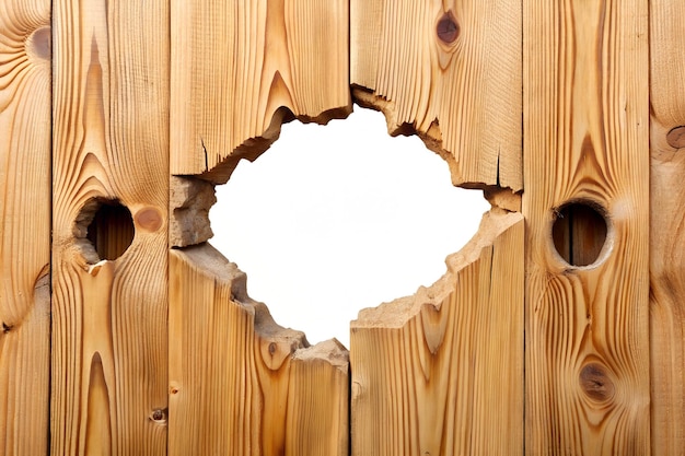 Hole breaking through white wooden wall cut out