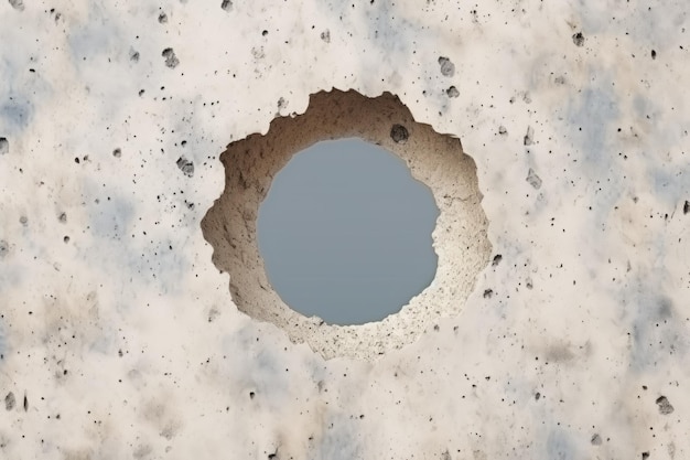 A hole in a concrete wall that has been cracked