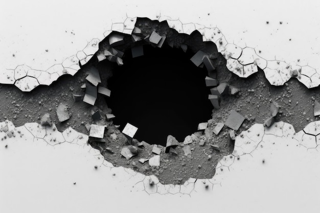 A hole in a concrete wall that has been cracked