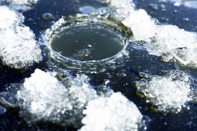 A hole in a frozen pond for fishing Winter fishing