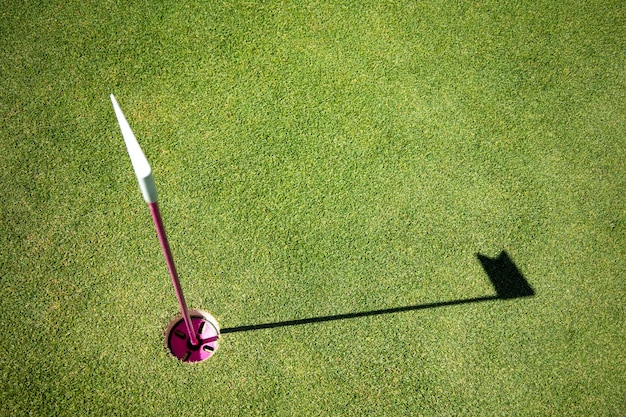 Hole marked with small flag at the mini golf area Number flag on a mini golf course