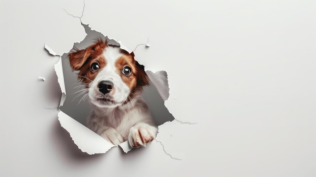 hole in the wall with an adorable dog peeking out adding charm to any space against a pristine white background perfect for a playful touch in home decor