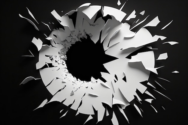 A hole in white paper that is black shattered white paper hole in the ground