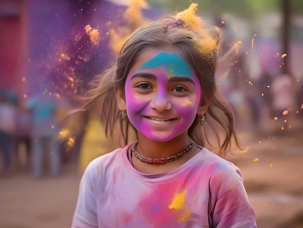 Holi Celebration Happy Young Girl Enjoying Colorful Festival