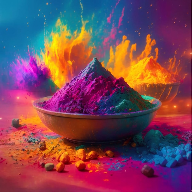 Holi color powder gulal beautiful colors in plate illustration 3d render