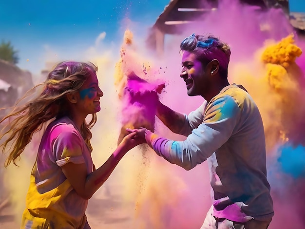 Holi festival in celebration men woman baby together colorful rainbow