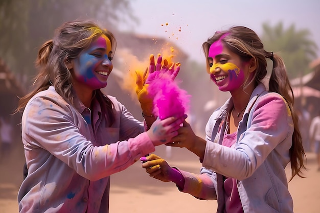 Holi festival in celebration men woman baby together colorful rainbow