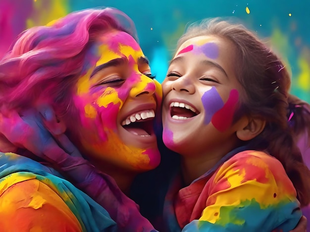 Holi festival in celebration men woman baby together colorful rainbow