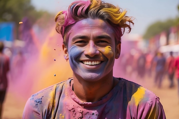 Holi festival in celebration men woman baby together colorful rainbow