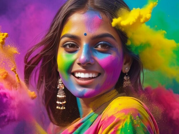 Holi Festival Of Coolers Portrait of Indian Hindu girl beautiful woman Bright and colorful girl