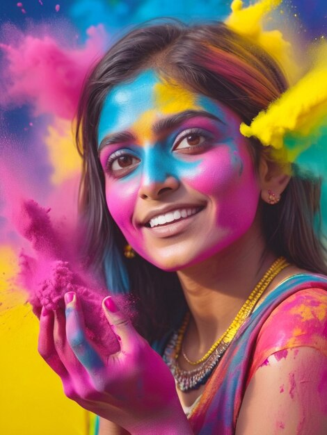 Holi Festival Of Coolers Portrait of Indian Hindu girl beautiful woman Bright and colorful girl