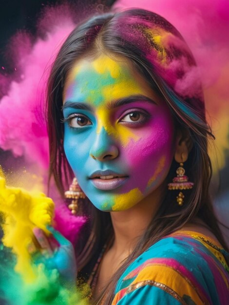 Holi Festival Of Coolers Portrait of Indian Hindu girl beautiful woman Bright and colorful girl