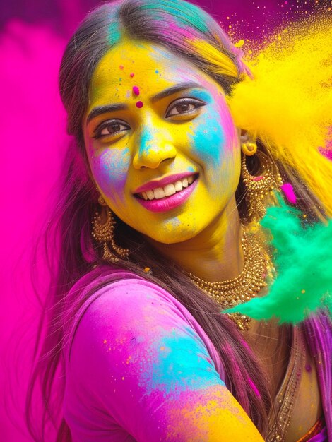 Holi Festival Of Coolers Portrait of Indian Hindu girl beautiful woman Bright and colorful girl