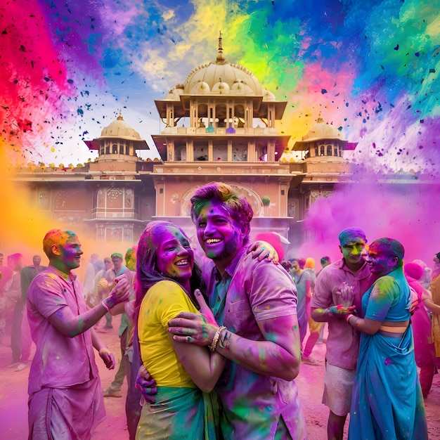 Holi Festival in india bahatrat boys and girls playing with colors