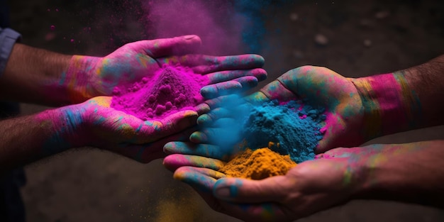 Holi festival with the bright paint on the hands Created with generative AI technology