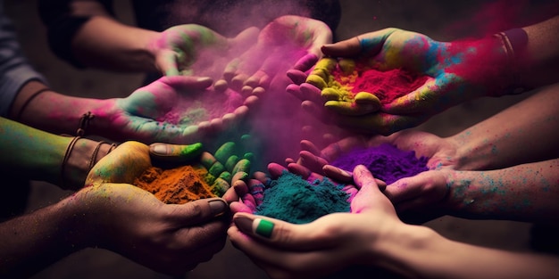 Holi festival with the bright paint on the hands Created with generative AI technology