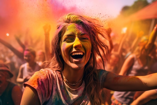 Holi festival women and men in paint are smiling cheerful young multiethnic friends with colorful paint on clothes and bodies having fun together at holi festival generative ai