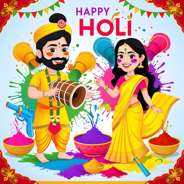 Holi greetings with cheerful boy and girl playing with colors Holi background