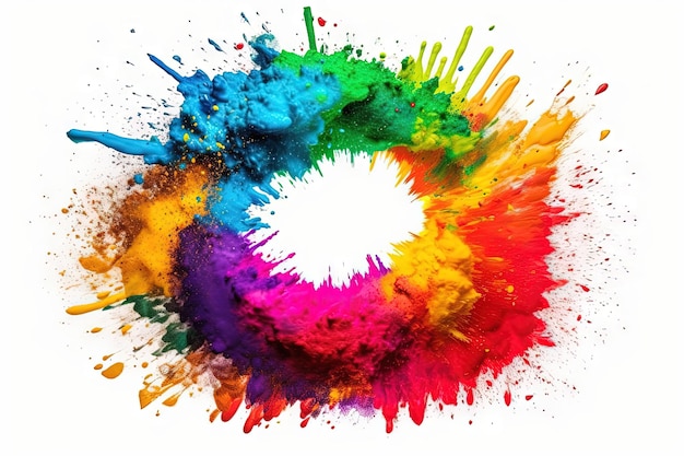 Holi powder color splash paints round border isolated on white background colorful explosion illustration generative ai