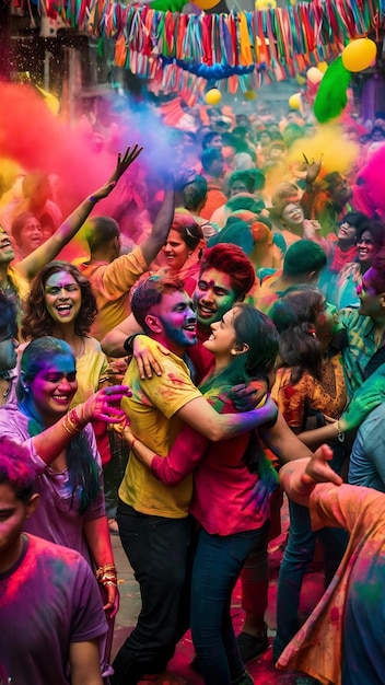 The holi street atmosphere conveys a joyful and bright moment of joy and togetherness