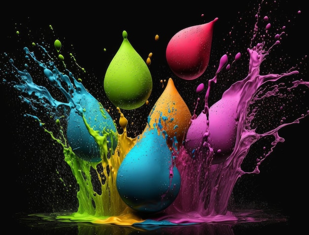 Holi water balloons exlosion on black background