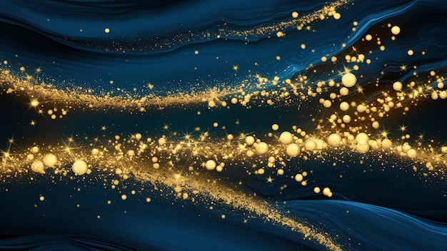 Holiday abstract Deep navy with shimmering dark blue and radiant gold particles Golden bokeh