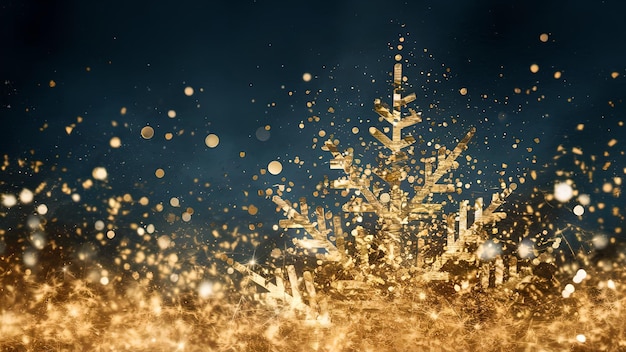 Holiday abstract Deep navy with shimmering dark blue and radiant gold particles Golden bokeh