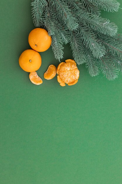 Holiday background with tangerines and pine tree branches on green background