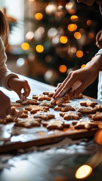 Holiday Baking Focus on a family baking Christmas cookies with a kitchen background warm indoor light empty space left for text Christmas