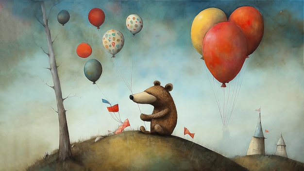 Holiday Birthday card with bear with balloon Illustration post processed AI generated image