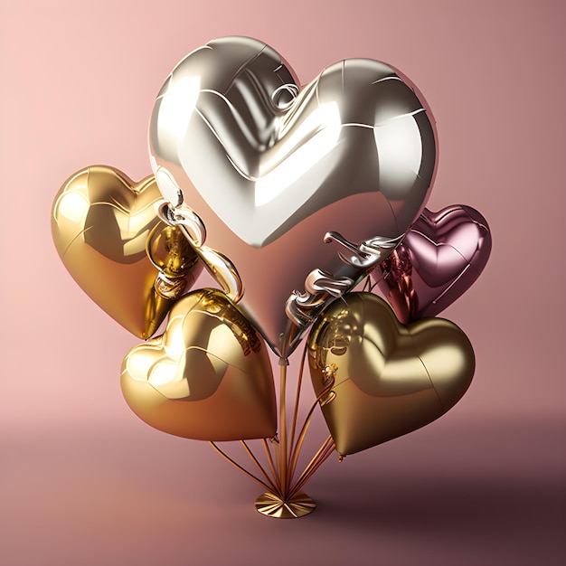 Holiday celebration. Valentine's Day party decoration. Metallic gold color Heart air balls