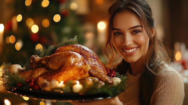 Photo holiday celebration with smiling woman presenting a roast turkey in festively decorated home