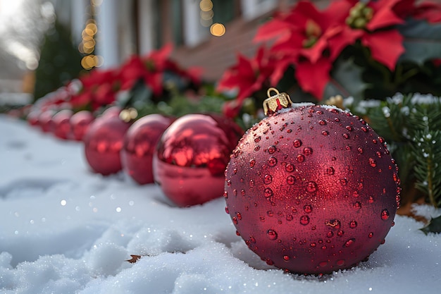 Holiday Cheer with Red Christmas Ornaments in Snowy Outdoor Decoration Perfect for Seasonal Projects