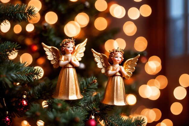 Photo holiday christmas background with gold angels on bokeh christmas tree