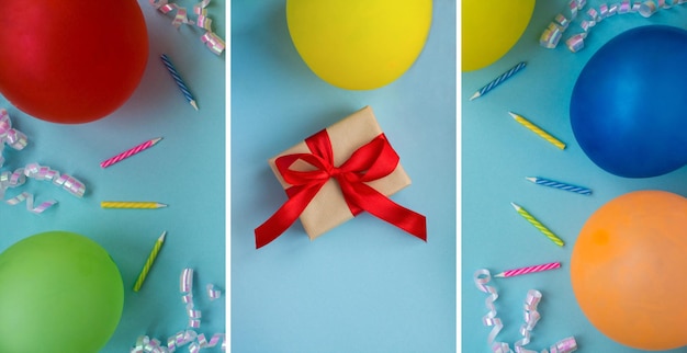 Holiday collage Gift box with tied red bow and colored ballons on the blue background Closeup