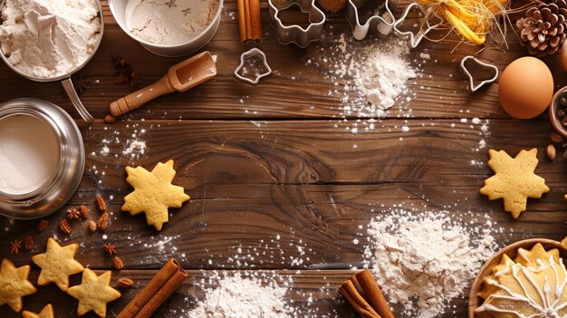 Photo holiday cookie baking arrangement with cutters and ingredients on wooden countertop