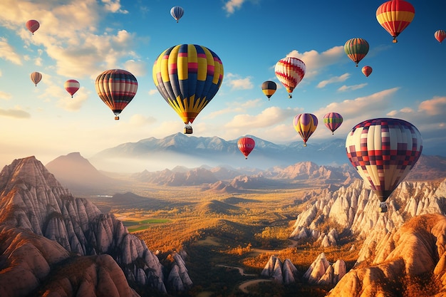 Holiday Destination of Hot Air Balloons Flying Over Mountains in Cappadocia Turkey at Bright Day