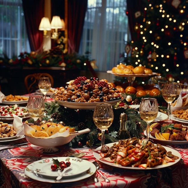 A holiday dinner table set with festive decorations and a feast