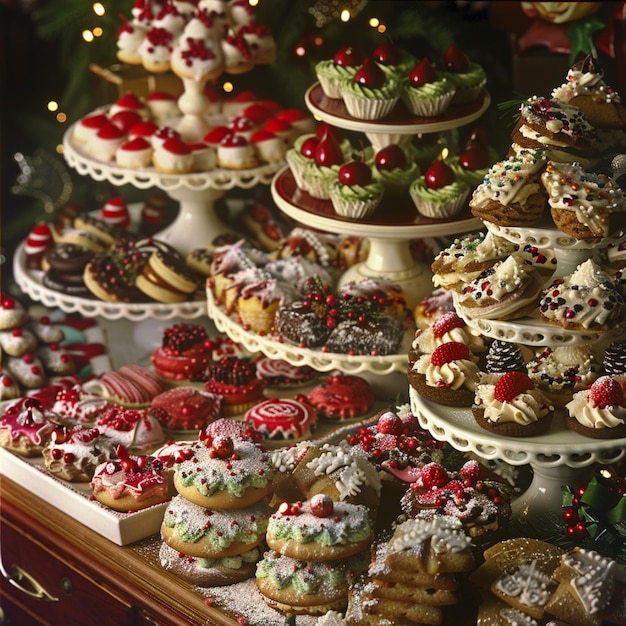 A holiday display of festive cookies and sweets