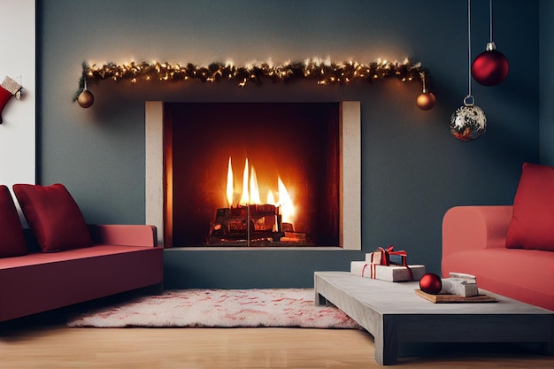 Holiday and fireplace balls Xmas present gifts red sofa