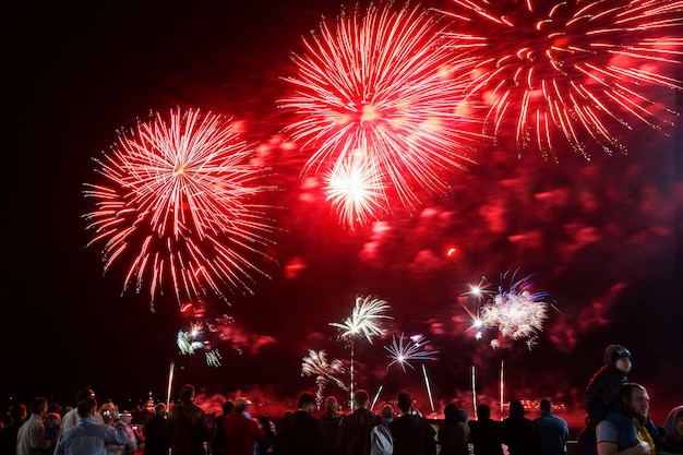 Holiday fireworks near the river on the black sky background