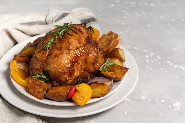 Holiday food roast chicken or poultry with potatoes and vegetables