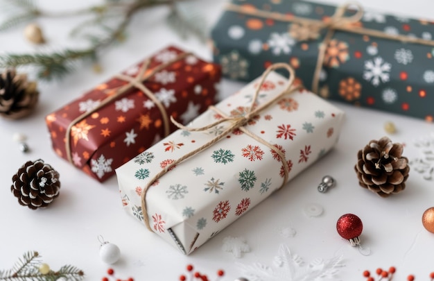 Photo holiday gift packages wrapped in festive paper on a winter table