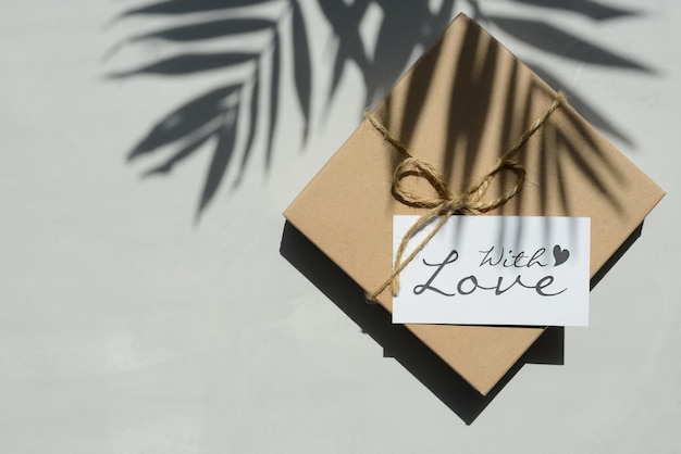 Holiday gift wrapped in kraft paper card with text With Love gray beige background palm tree shadows