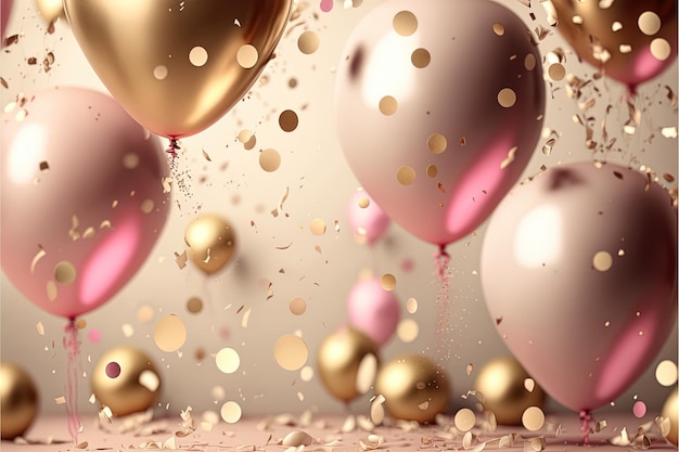 Holiday greeting background with pink and gold balloons blurred background and confetti Ai generated