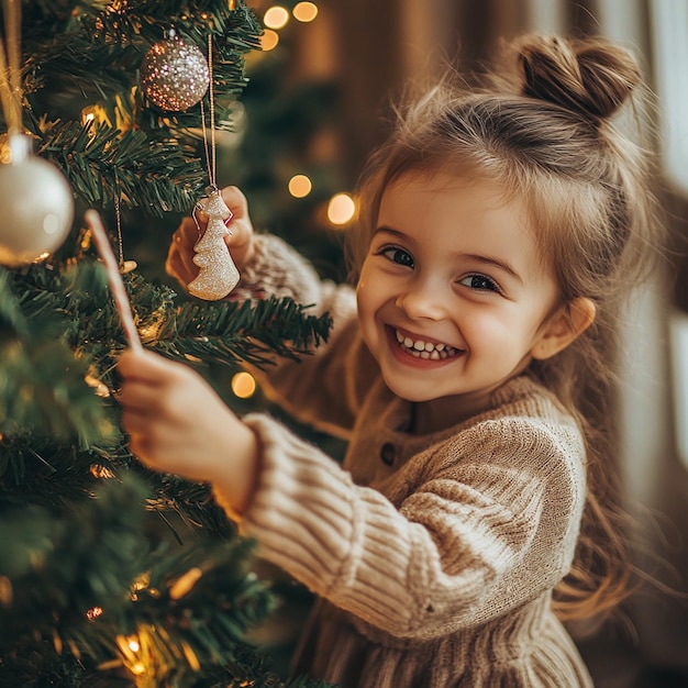 Holiday Happiness Smiling Girl Adorns the Christmas Tree