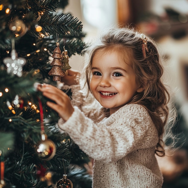 Photo holiday happiness smiling girl adorns the christmas tree